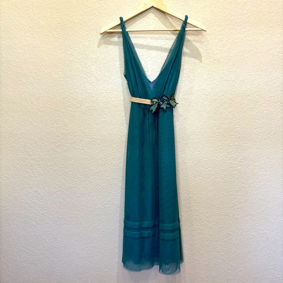 Vera Wang Teal Silk Sleeveless Dress W/ Mesh Overlay & Taffeta Belt W/ Silk Bow - Picture 1 of 11